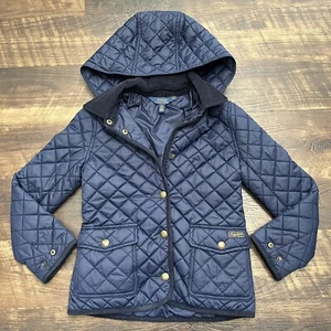 Polo Ralph Lauren Diamond Quilted Puffer Hooded Navy Blue Jacker Coat M 8-10 - Picture 1 of 15