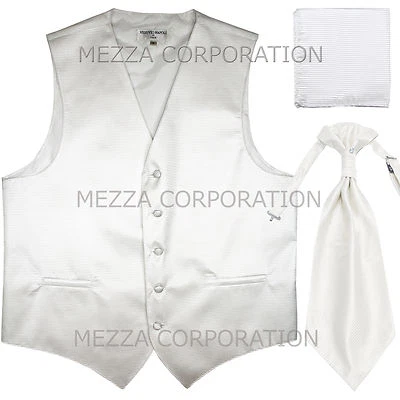 New Men's Tuxedo Vest Horizontal Stripes Ascot Cravat Hankie set party White - Image 1 of 3