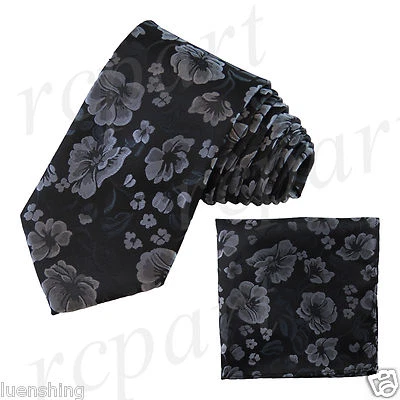 Nuevo conjunto de corbata y pañuelo de microfibra para hombre marca Q flores gris negro boda Foto 1 de 3