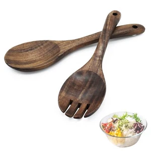 2PCS Wood Acacia Salad Servers Salad Tongs for Serving Salad Spoon and Fork S... - Picture 1 of 7