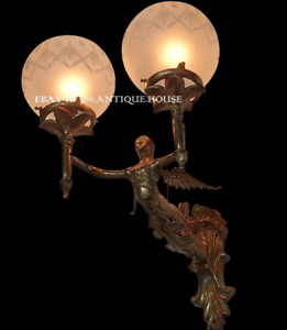 ANTIQUE VINTAGE ART DECO NOUVEAU BRASS MERMAID WALL SCONCES FIXTURE LIGHT LAMP 