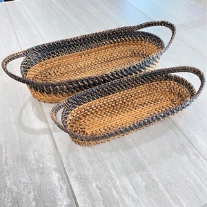 Native Rattan Hand Woven Bread Pastry Fruit Rectangular Bowl w/ Handle Set of 2 - Picture 1 of 17