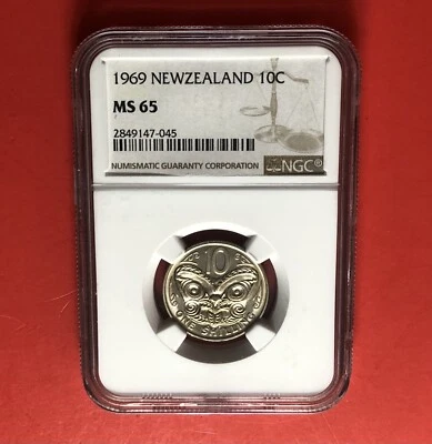 NEW ZEALAND -1969-UNCIRCULATED 10 CENT COIN,GRADED BY NGC MS65. - Image 1 of 4