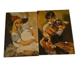 Vintage Lithograph Prints Little Girl w/Cat & Little Boy w/Puppy 5"X7" - Picture 1 of 9