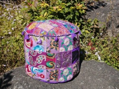 Indian Purple Round Pouffe Cover Vintage Cotton Footstool Ottoman Patchwork AU - Image 1 of 4