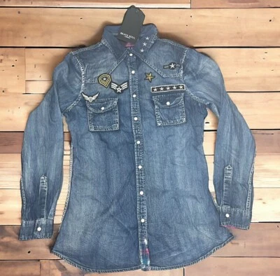 Brave Soul Womens Blue Denim Badged Long Sleeve Shirt Casual - Image 1 of 3