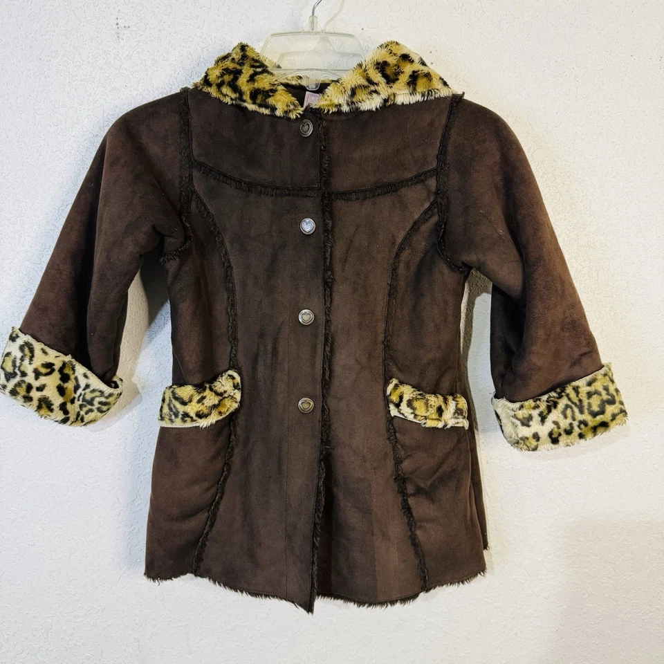 Abrigo Oshkosh Bgosh Niñas 5/6 Imitación Piel Leopardo Marrón Bolsillos con Capucha Foto 1 de 4