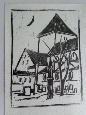 Otto Baumann, Regensburg, Holzschnitt " Domgarten Regensburg " sign. - Bild 1 von 4