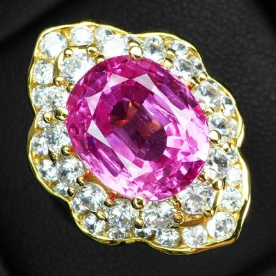 Anillos con halo de plata de ley 925 de oro de 24 quilates preciosos Barbie zafiro rosa 5,90 quilates Foto 1 de 4