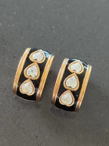VTG Swarovski Swan Black Enamel  Crystal Gold Tone Heart Clip On Earrings F222 - Picture 1 of 7