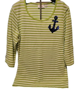 Quacker Factory Blouse Womens 1X Nautical Green Striped Sequen Pullover Shirt - Picture 1 of 8
