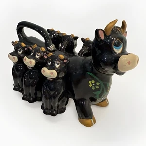 Vtg Redware Black Cow with 6 Hanging Spice “Jars” Hand Painted Japan 1960’s - Picture 1 of 16