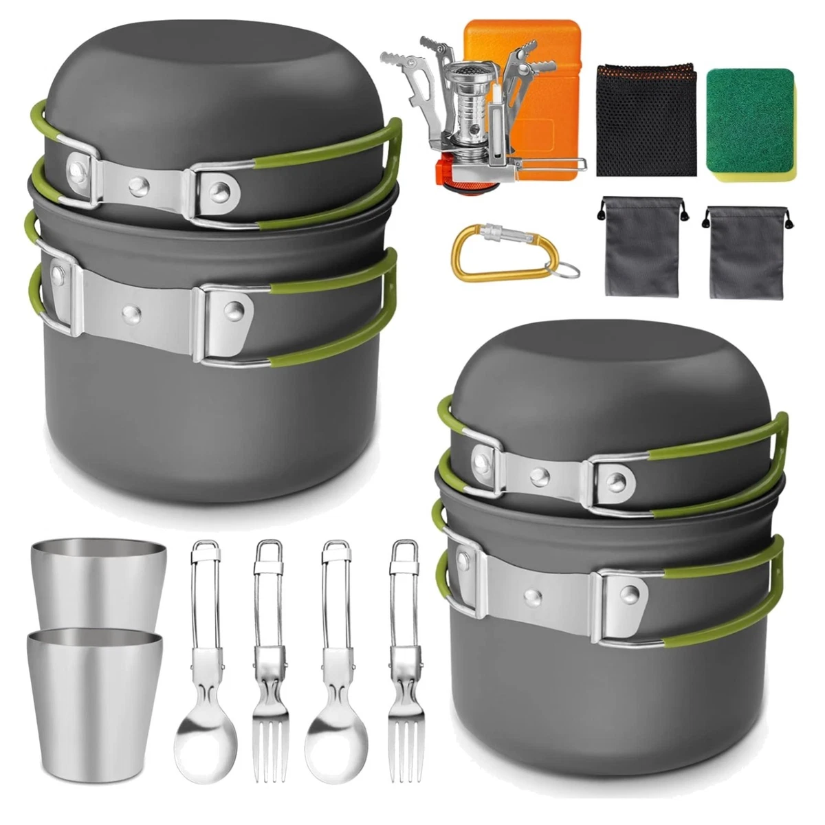Camping-Kochgeschirr-Set – Aluminium-Töpfe & Pfannen, Edelstahl-Besteck, Inkl. Tragetasche, Leicht & Spülmaschinenfest