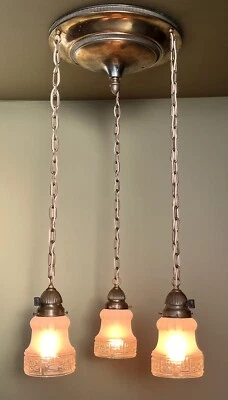 Vintage Antique 1910’s Pan Style Chandelier With Greek Key Shades - Restored! - Image 1 of 4