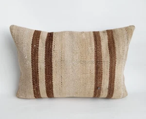 Turkish Kilim Pillow Cover 16x24 , Natural Striped Handwoven Pillow Cover - Picture 1 of 9