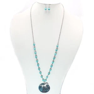 Western Aqua Large Patina Rusitc Round Disc Horse Long Necklace & Earring Set - Picture 1 of 3