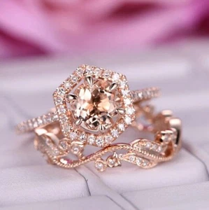 2Ct Morganite & Diamond Women Simulated Bridal Ring Set 14K Rose Gold plated - Picture 1 of 9