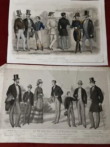 TWO ORIGINAL 19th Century FRENCH ANTIQUE PRINTS - MEN'S FASHION (Set B) - Foto 1 di 5