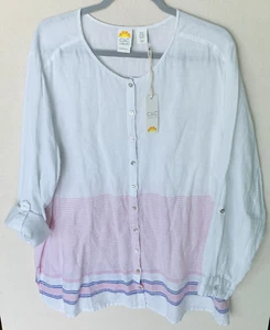 C&C CALIFORNIA Linen Button Front Tunic Shirt Roll Tab Sleeves Split Hem 2X NWT - Picture 1 of 17