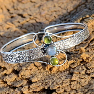 Round Labradorite, Peridot Gemstone 925 Sterling Silver Handmade Bracelet Cuff - Image 1 of 4