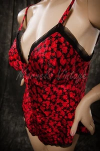Vintage Teddy Med Victoria's Secret Lingerie Bodysuit Sexy Red and Black Hearts - Picture 1 of 6