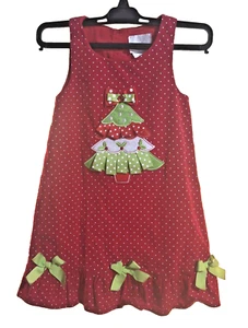 Vintage Rare Editions Red Corduroy Polka Dot Christmas Tree Applique Dress Sz 6 - Picture 1 of 7