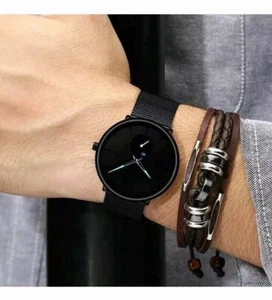 NEW Geneva Sleek Black/White Stylish Mens Quartz Watch Mesh Stainless Steel Band - Picture 1 of 23