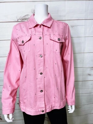 Quacker Factory Womens Denim Jacket Size M Pink Button Up Rhinestone 100% Cotton - Image 1 of 4