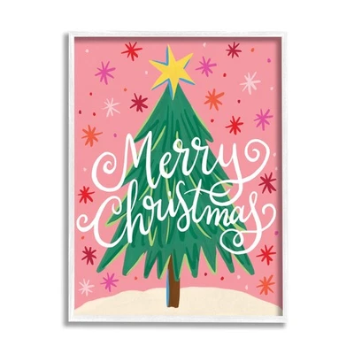 Arte de pared enmarcado en giclee con patrón estrellado rosa Feliz Navidad Stupell Industries, Foto 1 de 4