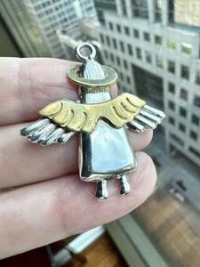 Vintage Engel Anhänger Hänger Mexiko 925 Sterling Silber & Messing Heiligenschein Flügel - Bild 1 von 10