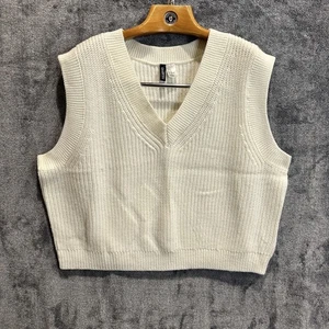 H&M Divided Sweater Vest Womens XL Ivory V-Neck Knit Ribbed Cropped Sleeveless - Picture 1 of 7