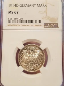 1914D Germany Silver 1 Mark NGC MS 67 GEM BU, Only 2 Higher at NGC! - Picture 1 of 4