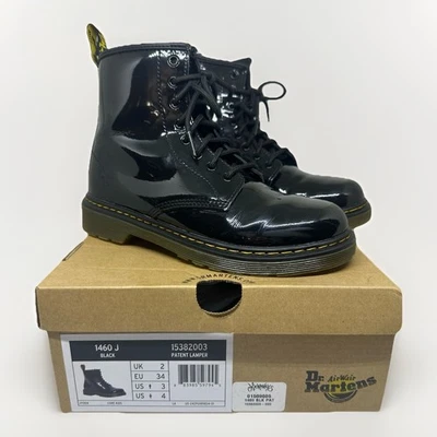 Dr Martens Jr Combat 黑色光泽皮革 1460 J 拉链靴 女孩 4 岁 男孩 3 岁 — 第 1/4 张图片
