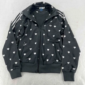 Adidas Women's Track Jacket Full Zip Black Logo Heart Print Pockets Size Medium - Picture 1 of 7