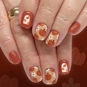 Halloween Artificial Tips Sparkling Pumpkin Flower Design Short Square Press On - Picture 1 of 8