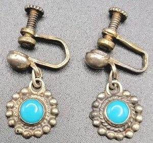 VTG Mexico 925 Silver Earrings Concho Cabochon Turquoise Screw Back Dangle Flowe - Picture 1 of 18