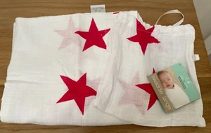 Aden + Anais 100% Cotton Muslin Swaddle in Bag 120x120cm White / Red Stars VGC - Picture 1 of 5