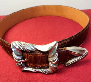 Vintage 1993 Brighton Small Silver Buckle & Tip Brown Leather Croc Western Belt - Picture 1 of 9