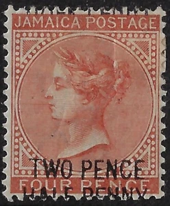 Jamaica 1890 QV wmk CCA, 4d. red brown w/ 2 ½ d. surcharge, shift/split  (a3981c - Picture 1 of 3