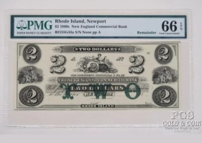 Rare 1860s US$2 New England Bank Rhode Island Newport Remainder Banknote EPQ66 - Image 1 of 2