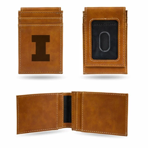 Illinois Fighting Illini NCAA Laser Engrave Brown Front Pocket Wallet/Money Clip Cover