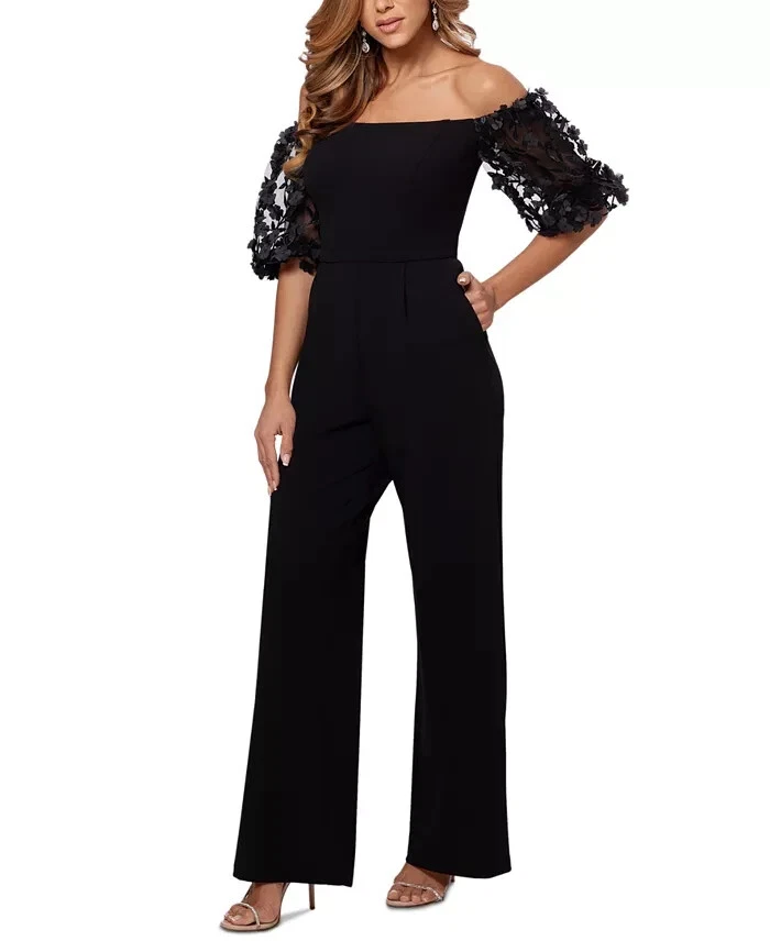 XSCAPE Floral-Sleeve Off-The-Shoulder Jumpsuit - Image 1 of 1