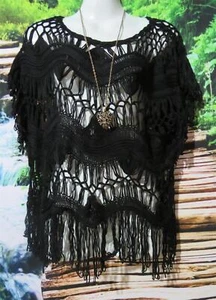 BOHO CROCHET TASSLED BLACK TUNIC OVER TOP SUIT 100 - 116 CMS 12 14 16 - Picture 1 of 3