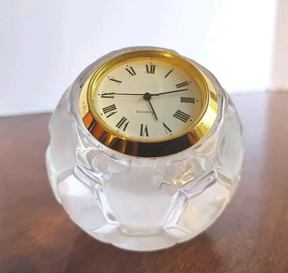 Desk Clock Crystal Cut Glass Paperweight Round Shape Vintage Quartz Japan Soccer - Image 1 of 4