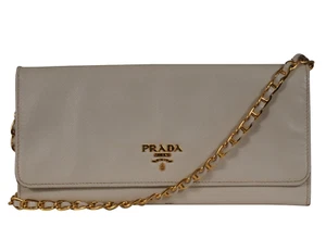 Prada Womens Saffiano Metal Oro Wallet On Chain White Leather Card Holder Strap - Picture 1 of 21