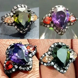Big Crystal Zirconia Geometric Triple Pear Cut Sparkly Cocktail Rhodium CZ Ring - Picture 1 of 29