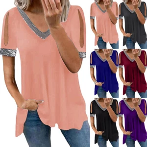 Women Sequin V Neck T-Shirt Short Sleeve Loose Casual Summer Tunic Tops Blouse - Picture 1 of 15