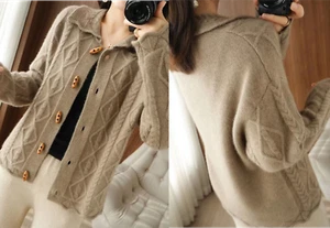 Women Long Sleeve Cable Knit Sweater Open Front Cardigan Button Loose Outerwear - Picture 1 of 6
