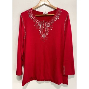 Quacker Factory sweater beaded embellished classic festive red holidays women 2X - Picture 1 of 6