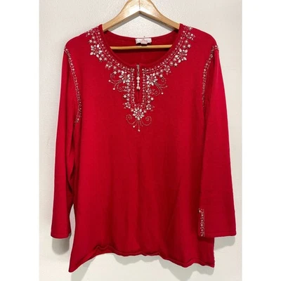 Quacker Factory sweater beaded embellished classic festive red holidays women 2X - Image 1 of 4